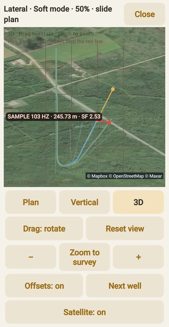 SharpShooter phone app: the well in 3D over the pad with the closest offset wells and the separation factor to the nearest